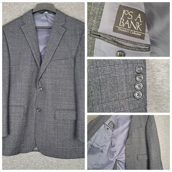 42R Jos A Bank Traveler Gray Plaid Windowpane Wool Sport Coat Blazer Jacket